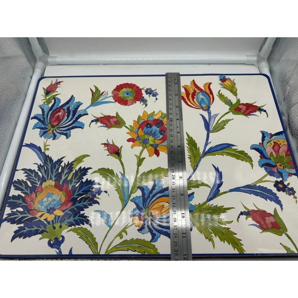 Williams Sonoma Iznik Floral Hardmat Placemats Blue Red Yellow Cork Back Set 2